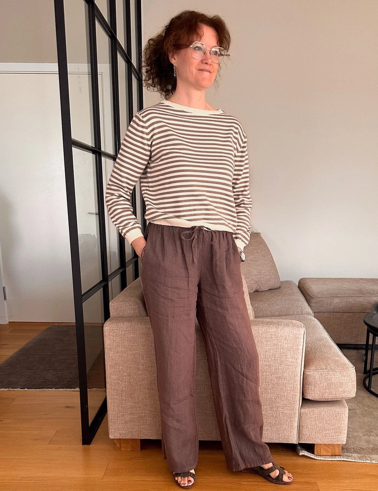Alba Stribet Bomuldsstrik – Brun/Creme